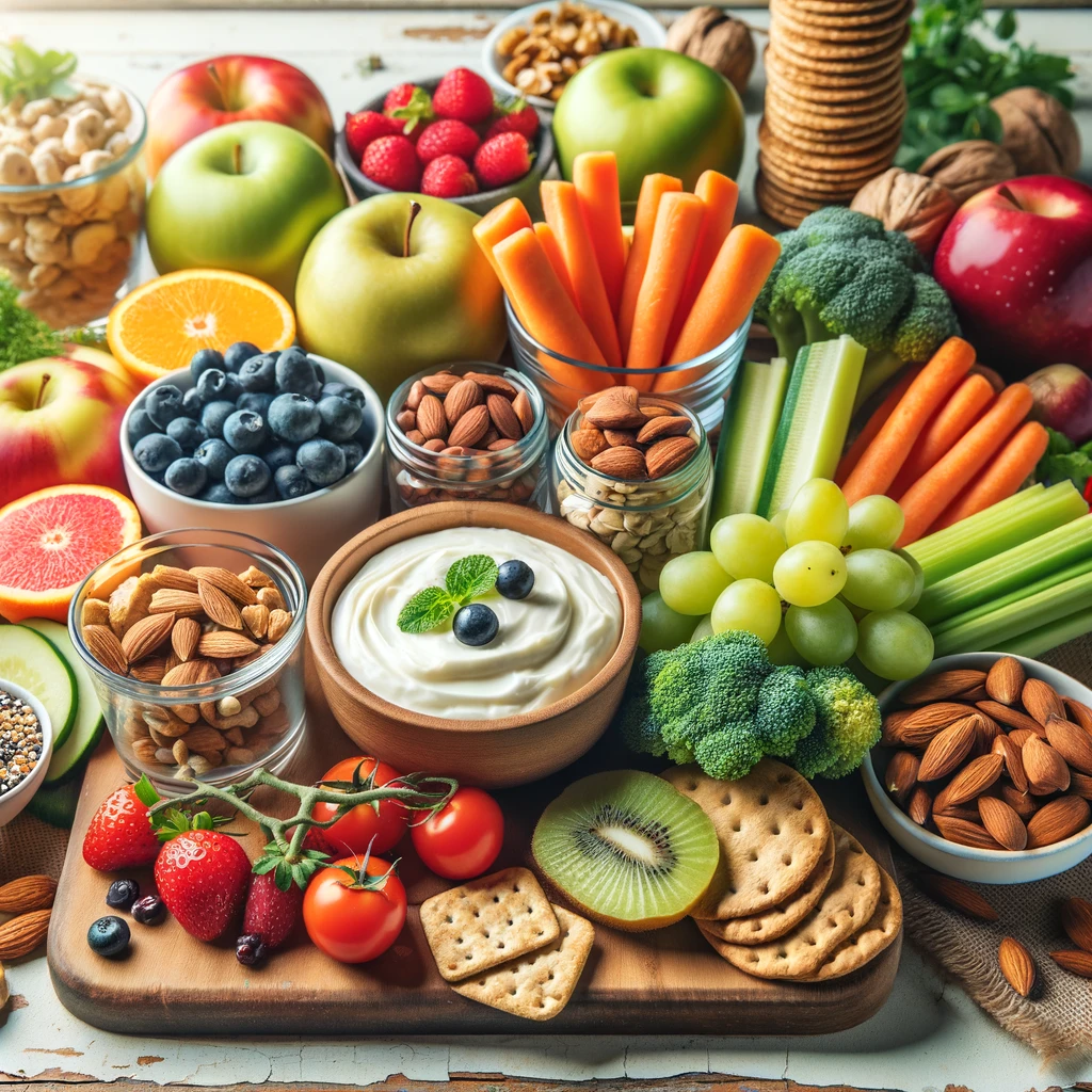 DALL┬ÀE 2024-06-14 14.40.54 – A variety of healthy snacks arranged on a table. The snacks include fresh fruits like apples, bananas, and berries; vegetables such as carrot sticks,